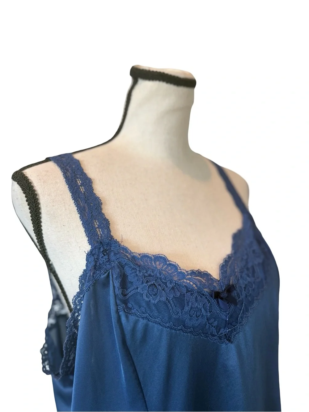 Vintage Sheer Elegance Blue Lace Trim Full Slip Nightgown USA Made Lingerie